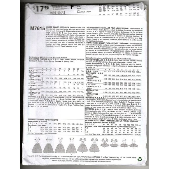 McCalls M7615 Misses Ballet Costume with Tutu Sewing Pattern New Size 14 to 22 - Picture 2 of 11